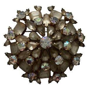 VTG DOMED RHINESTONE CLUSTER BROOCH PIN Frosted White Aurora Borealis 3.5” MCM
